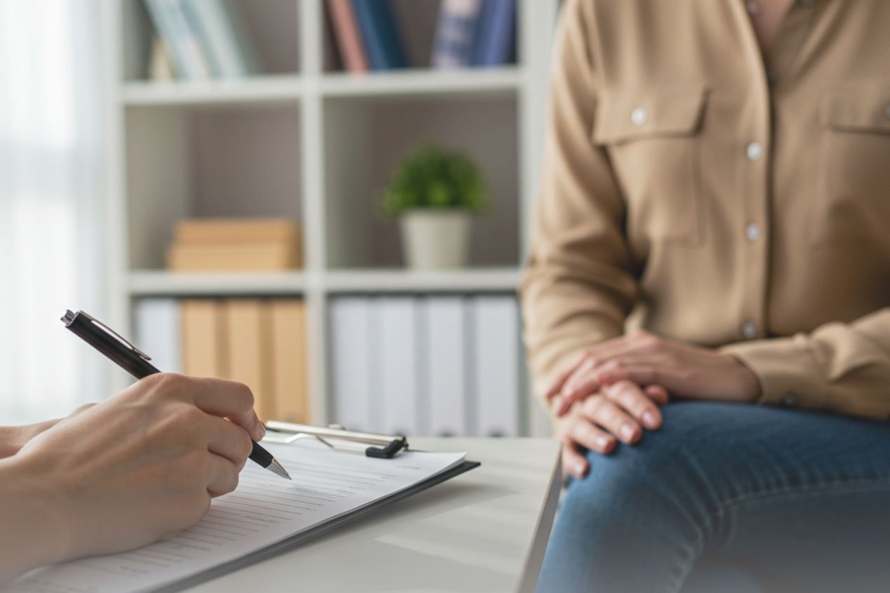 Лечение психологических расстройств Женщина сидит на приеме у врача